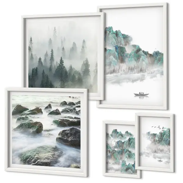 Ensemble de 5 tableaux représentant des paysages paisibles avec de l'eau