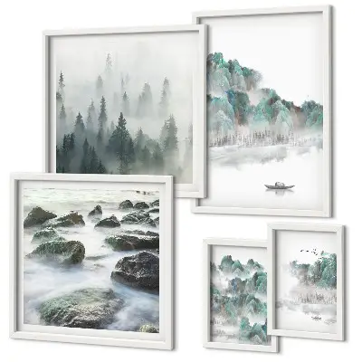 Ensemble de 5 tableaux représentant des paysages paisibles avec de l'eau