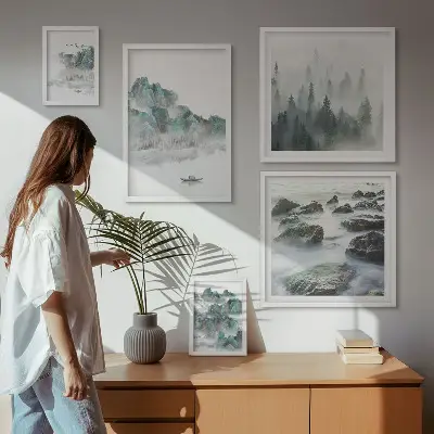 Ensemble de 5 tableaux représentant des paysages paisibles avec de l'eau