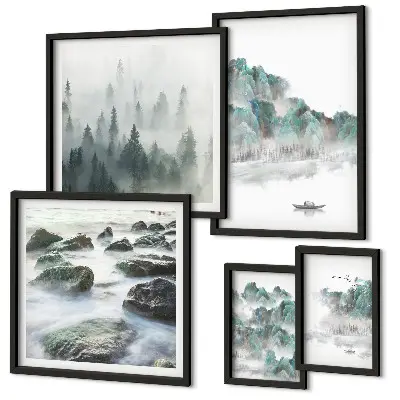 Ensemble de 5 tableaux représentant des paysages paisibles avec de l'eau