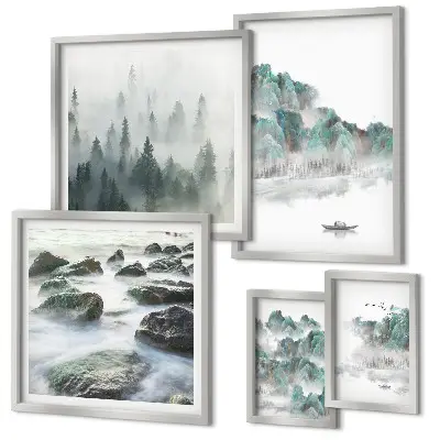 Ensemble de 5 tableaux représentant des paysages paisibles avec de l'eau