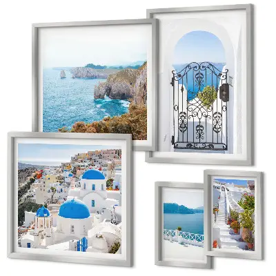 Ensemble de 5 tableaux représentant les maisons bleues de Santorin