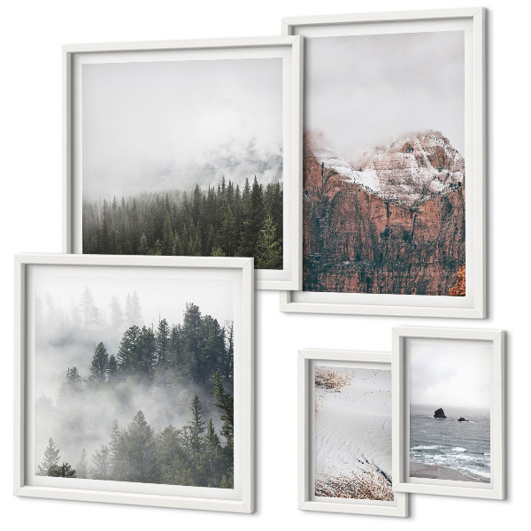 Ensemble de 5 tableaux Paysages montagnes forêts nuages