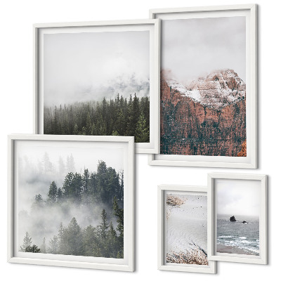 Ensemble de 5 tableaux Paysages montagnes forêts nuages