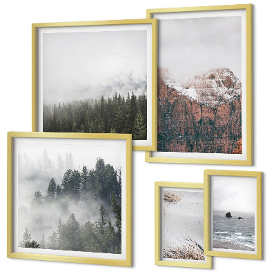 Ensemble de 5 tableaux Paysages montagnes forêts nuages