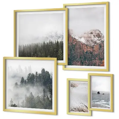 Ensemble de 5 tableaux représentant des paysages de montagnes, forêts et nuages