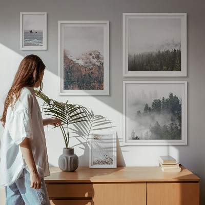 Ensemble de 5 tableaux Paysages montagnes forêts nuages