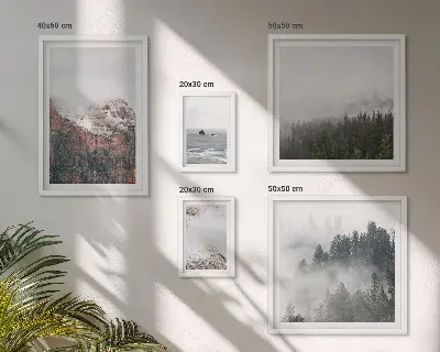 Ensemble de 5 tableaux représentant des paysages de montagnes, forêts et nuages