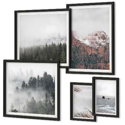 Ensemble de 5 tableaux Paysages montagnes forêts nuages