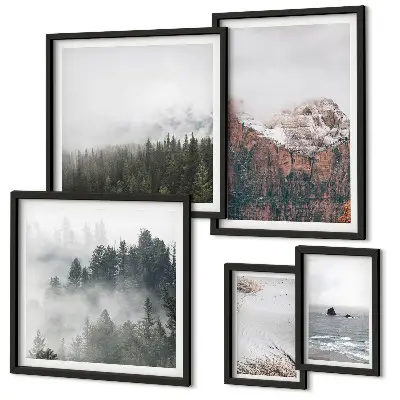 Ensemble de 5 tableaux représentant des paysages de montagnes, forêts et nuages