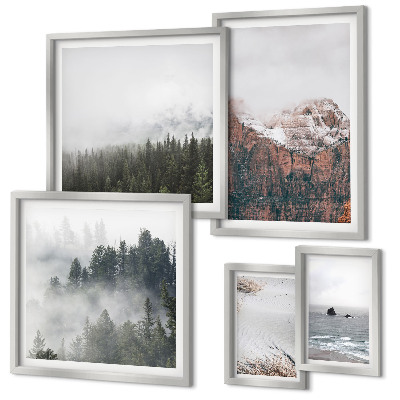 Ensemble de 5 tableaux Paysages montagnes forêts nuages