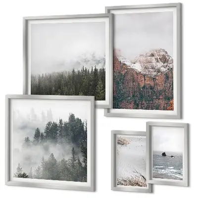 Ensemble de 5 tableaux représentant des paysages de montagnes, forêts et nuages