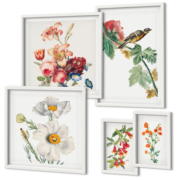 Ensemble de 5 tableaux Décorations vintage à motifs floraux et oiseaux