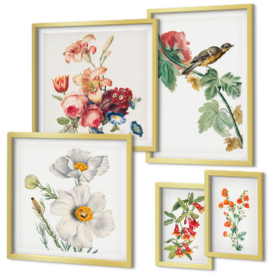 Ensemble de 5 tableaux Décorations vintage à motifs floraux et oiseaux