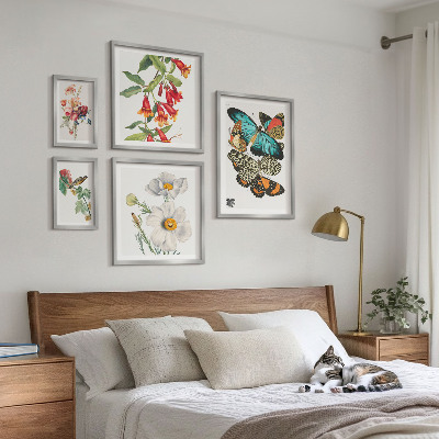 Ensemble de 5 tableaux Fleurs, papillons, oiseaux, décorations vintage