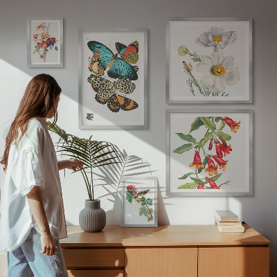 Ensemble de 5 tableaux Fleurs, papillons, oiseaux, décorations vintage