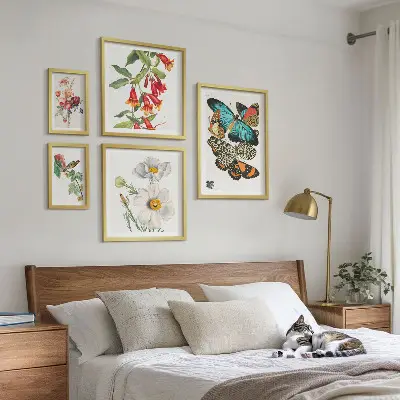 Ensemble de 5 tableaux avec motifs de fleurs, papillons et oiseaux style vintage
