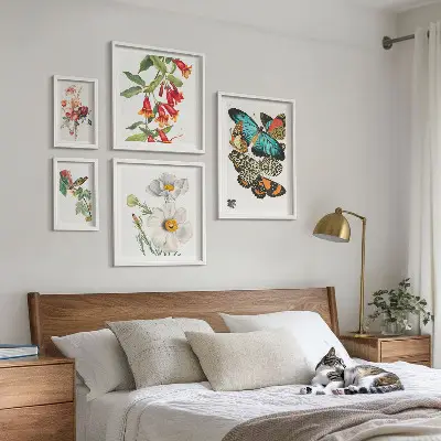 Ensemble de 5 tableaux avec motifs de fleurs, papillons et oiseaux style vintage