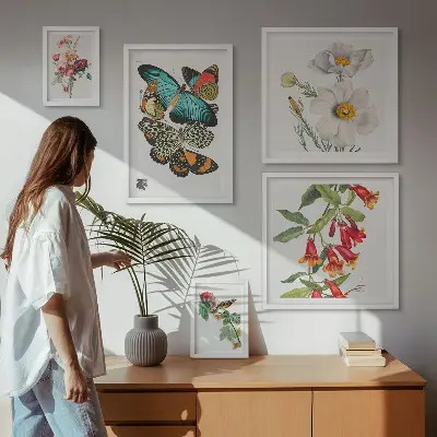 Ensemble de 5 tableaux avec motifs de fleurs, papillons et oiseaux style vintage