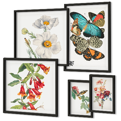 Ensemble de 5 tableaux Fleurs, papillons, oiseaux, décorations vintage