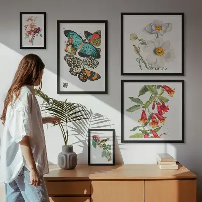 Ensemble de 5 tableaux avec motifs de fleurs, papillons et oiseaux style vintage
