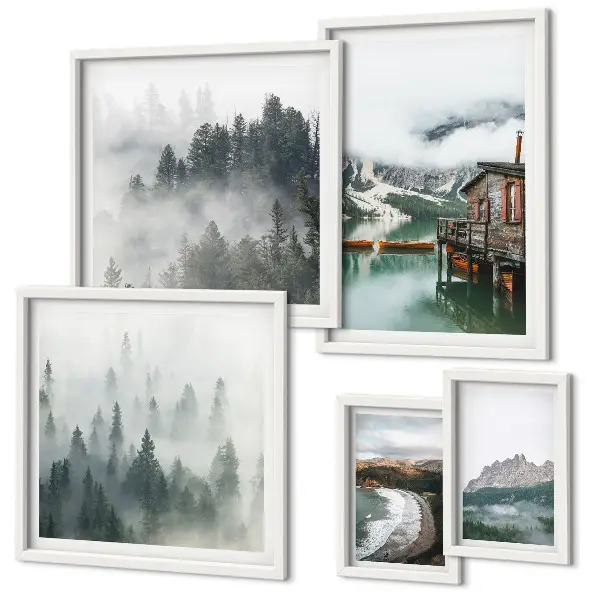 Tableau de décoration murale représentant des paysages de montagne avec des chalets et de l'eau