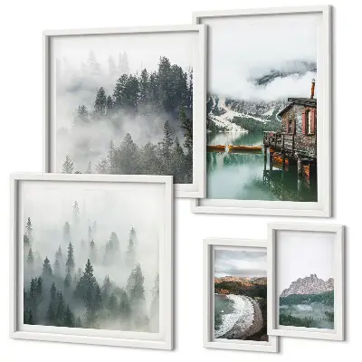 Tableau de décoration murale représentant des paysages de montagne avec des chalets et de l'eau