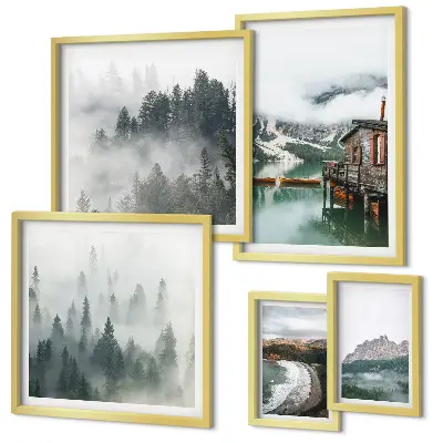 Tableau de décoration murale représentant des paysages de montagne avec des chalets et de l'eau