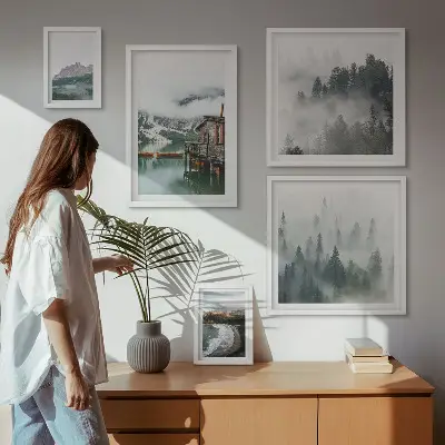 Tableau de décoration murale représentant des paysages de montagne avec des chalets et de l'eau