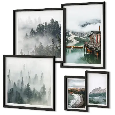 Tableau de décoration murale représentant des paysages de montagne avec des chalets et de l'eau