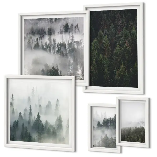 Lot de tableaux encadrés représentant des forêts verdoyantes dans des paysages brumeux