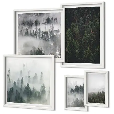 Lot de tableaux encadrés représentant des forêts verdoyantes dans des paysages brumeux