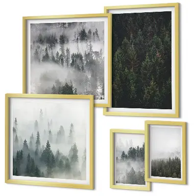 Lot de tableaux encadrés représentant des forêts verdoyantes dans des paysages brumeux