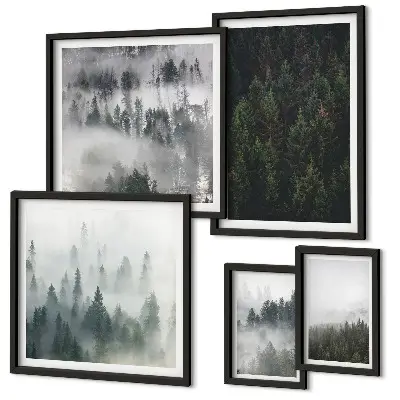 Lot de tableaux encadrés représentant des forêts verdoyantes dans des paysages brumeux