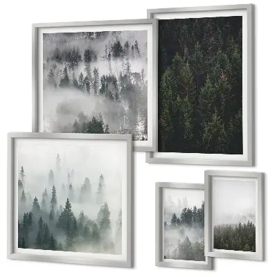 Lot de tableaux encadrés représentant des forêts verdoyantes dans des paysages brumeux