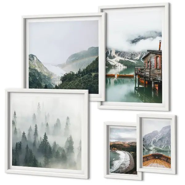 Ensemble de 5 tableaux représentant des paysages de montagne avec des maisons et de l'eau