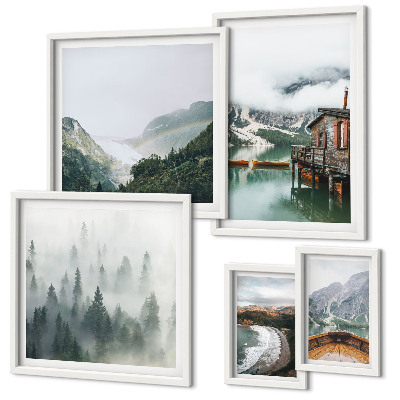 Ensemble de 5 tableaux Paysages de montagne, maisons, eau
