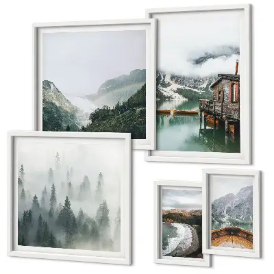 Ensemble de 5 tableaux représentant des paysages de montagne avec des maisons et de l'eau