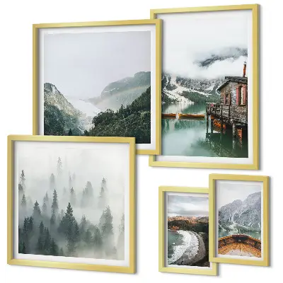 Ensemble de 5 tableaux représentant des paysages de montagne avec des maisons et de l'eau
