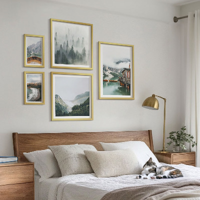 Ensemble de 5 tableaux Paysages de montagne, maisons, eau