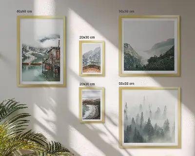 Ensemble de 5 tableaux représentant des paysages de montagne avec des maisons et de l'eau