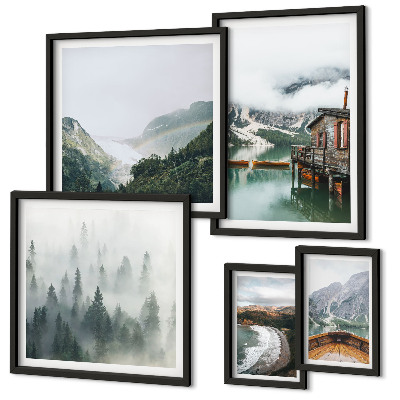 Ensemble de 5 tableaux Paysages de montagne, maisons, eau