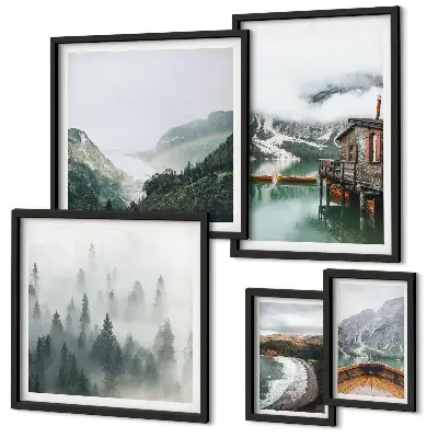 Ensemble de 5 tableaux représentant des paysages de montagne avec des maisons et de l'eau