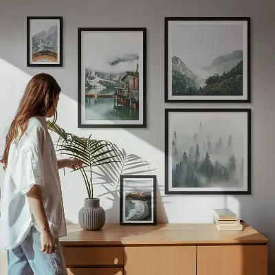 Ensemble de 5 tableaux représentant des paysages de montagne avec des maisons et de l'eau