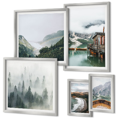 Ensemble de 5 tableaux Paysages de montagne, maisons, eau