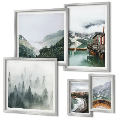 Ensemble de 5 tableaux représentant des paysages de montagne avec des maisons et de l'eau