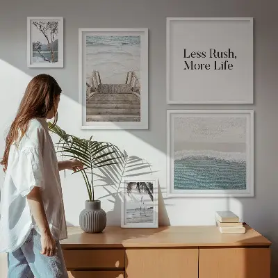 Ensemble de 5 tableaux représentant une vue calme sur la mer et la plage