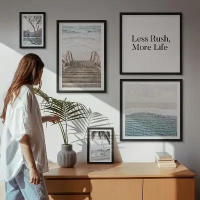 Ensemble de 5 tableaux représentant une vue calme sur la mer et la plage