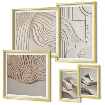 Ensemble de 5 tableaux structures abstraites beige et blanc