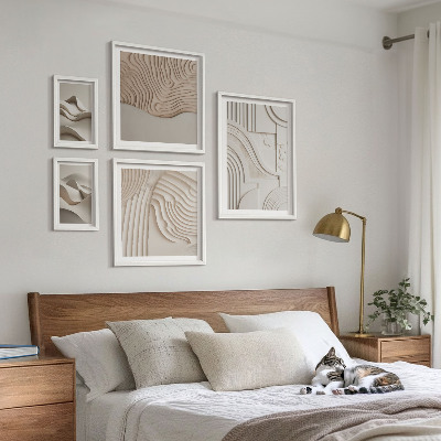 Ensemble de 5 tableaux Structures abstraites beige-blanc